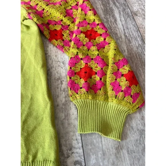 Kim Gravel Belle Boho Granny Square Crochet Sleeve Cotton Sweater Lime Green M - Picture 3 of 7